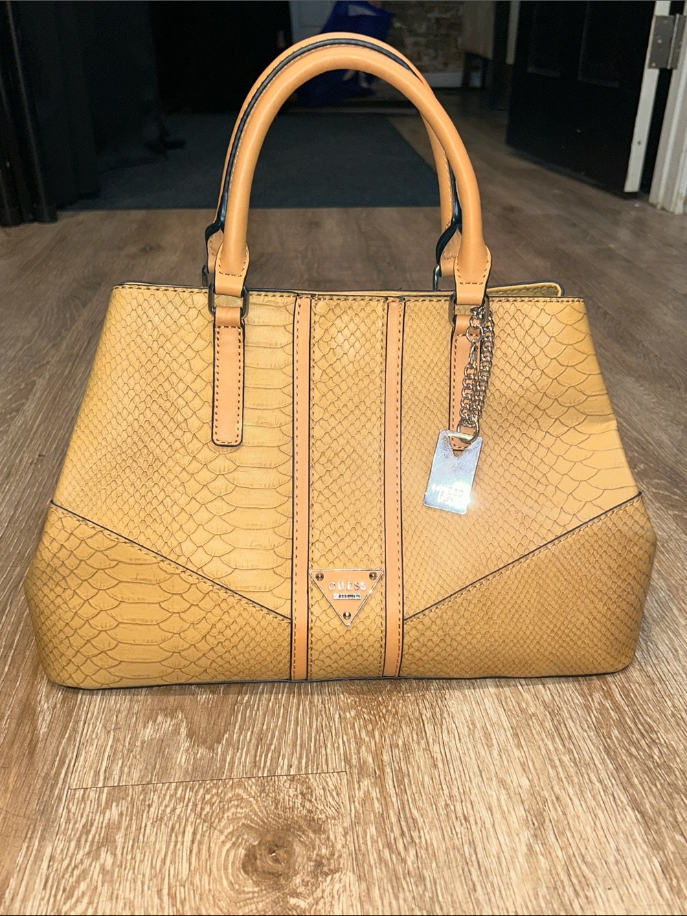 GUESS Tan Faux-Snake Satchel with Tan Trim